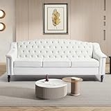 LEVNARY Mid-Century Modern Velvet Sofa, 80' Large Upholstered Sofa with High Back, Chesterfield Couch Sleeper Settee with Solid Wood Legs, Tufted 3 Seater Wide Couches for Living Room Office (White)