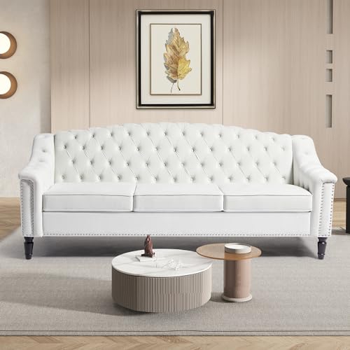 LEVNARY Mid-Century Modern Velvet Sofa, 80" Large Upholstered Sofa with High Back, Chesterfield Couch Sleeper Settee with Solid Wood Legs, Tufted 3 Seater Wide Couches for Living Room Office (White)