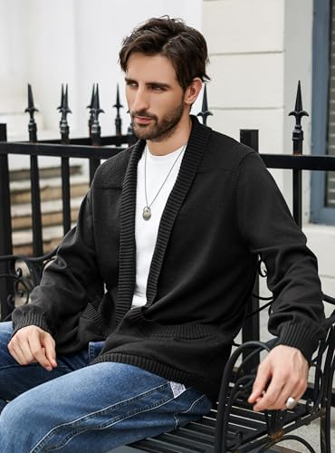 Men's Shawl Collar Long Sleeve Cardigan Knit Open Front with Pockets3