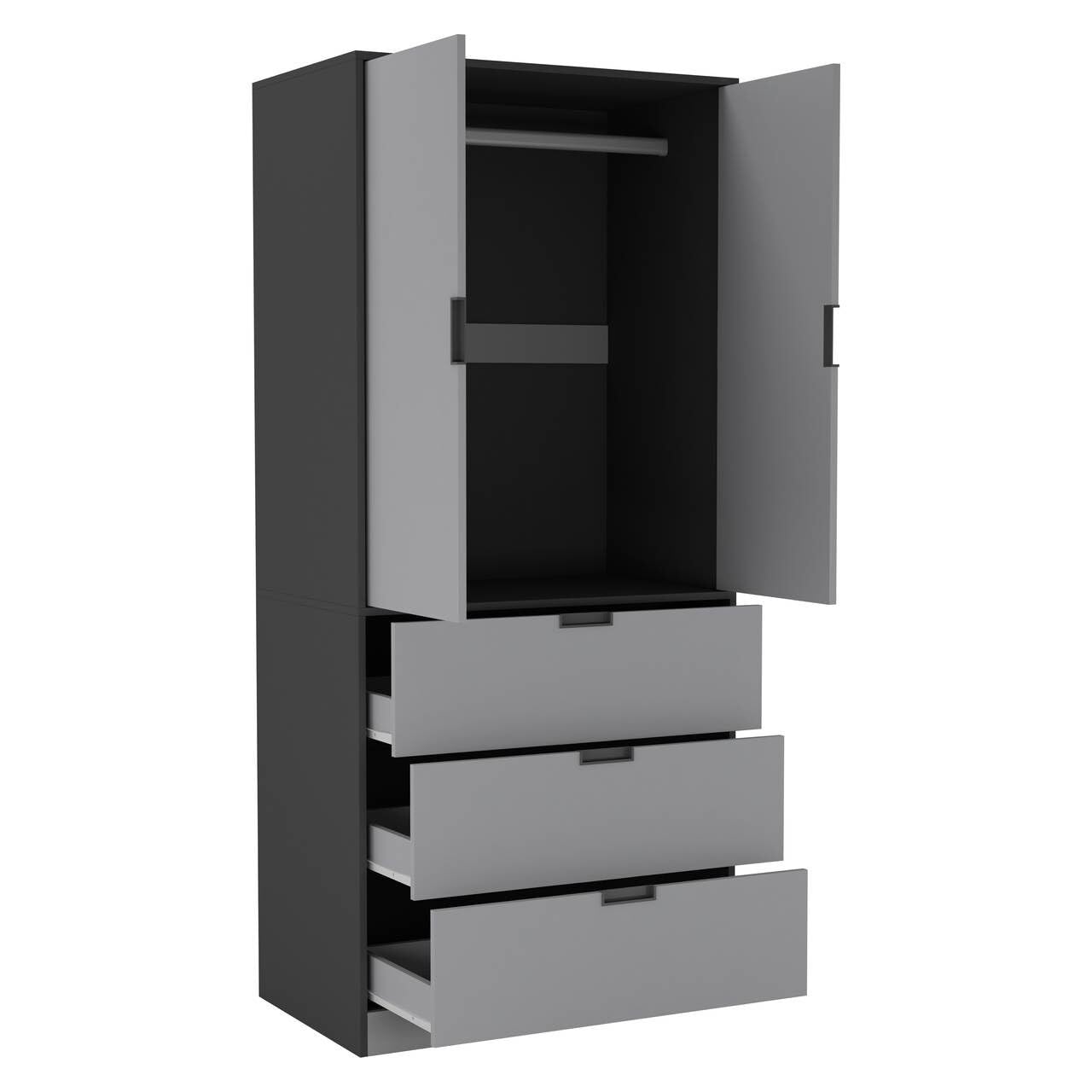 URBNLIVING Modern 2 Door Wardrobe with 3 Drawers & Hanging Rail, Stylish Freestanding Storage, Spacious Interior, Durable Chipboard Build, Easy to Assemble Bedroom Furniture