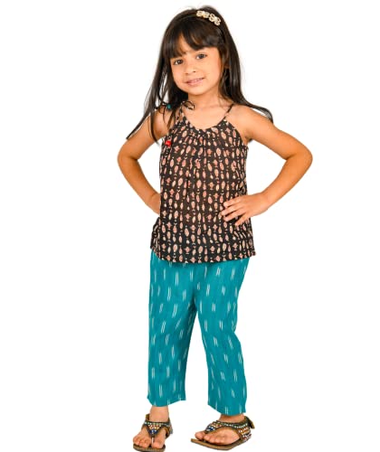 Image of Baby Girls Dresses Cotton Clothes Top Pant Set 1 To 4 Years Black Blue Birthday Party Outfit Children Fish Print Shoulder Tie Summer Wear