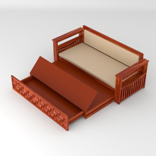 Image of Solid Sheesham Wood Sofa Cums Bed with Mattress & Storage | Rosewood Convertible Sofa Bed for Living Room & Bedroom (G-Honey Finish, 3 Seater)