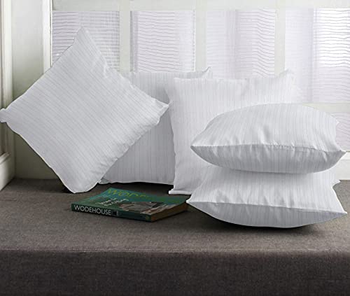 Image of Cloth Fusion Microfiber Sofa Cushion Fillers, White, 18x18 inch, Set of 5 | Satin Striped Soft Cushion, 18 inch x 18 inch Pillow For Sofa, hypoallergenic, Hollow microfibre fill, Fluffs Up in 24 Hrs