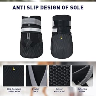 REESTBOO Dog Boots, 4 Pcs Waterproof Dog Shoes Pet Rain Boots with Reflective Straps & Anti-Slip Soles, Doggie Paw Protectors Pet Running Shoes for Outdoor Indoor Wearing (Black, L)