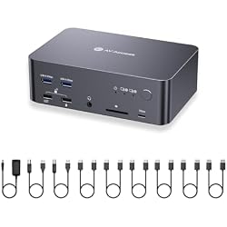 AV Access 8K DisplayPort KVM Docking Station 3 Monitors 2 PCs, with 6 DP Cables, 3xUSB 3.0 Hub, GbE, 8K@60Hz 4K@165Hz KVM Switch Triple Monitors 2 Desktops, SD, Audio, All-Aluminum, for HP, Dell