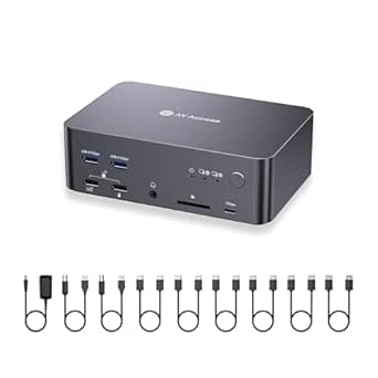 AV Access 8K DisplayPort KVM Switch 2 PC 3 Monitors, with 6 DP Cables, Triple Monitor 8K@60Hz 4K@165Hz 1080P@240Hz, USB 3.0 Hub, LAN, Audio, SD Card All-Aluminum, 12-in-1 Dock for Home Gaming