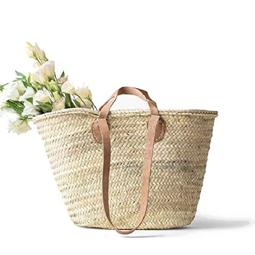 PANIER FRANÇAIS avec doubles anses en cuir, Élégance et Praticité Réunies pour Vos Promenades Chic! sac de paille, sac de plage, panier de courses, Cabas en osier écologique (Large)