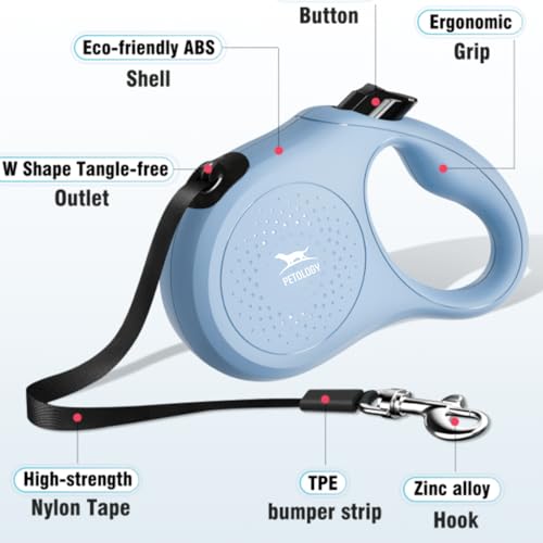 Image of Petology Retractable Dog Leash | 3 Meter (10ft) Nylon Tape | for Dogs Upto 12kgs | Heavy Duty Rope, 360 Tangle-Free, One-Hand Brake & Lock System, Anti-Slip Comfortable Grip