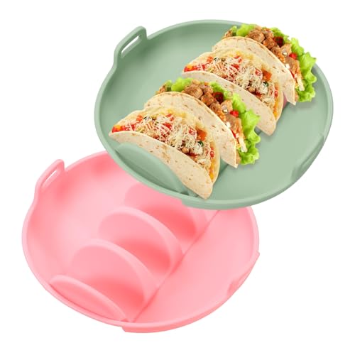 uxcell 2 Pcs Taco Holder, Silicone Taco Plates with Dividers Reusable Serving Tray Plates with Handle for Party Dishwasher & Microwave Safe, (Pink/Green) by uxcell - Used condition - US$15.78