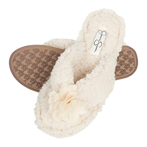 Jessica Simpson Women's Fluffy Plush Slide-On Sandal House Slippers With Memory Foam, Ivory Rosette, Medium #TOP7