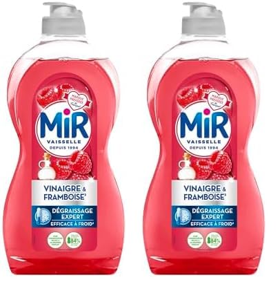Mir Vaisselle - Vinaigre & Framboise - Dégraissage Expert - Efficace à Froid - Vinaigre Blanc - Sans Conservateurs - Sans Allergènes Parfum - Marque Préférée des Français - Bouteille de 450 ml