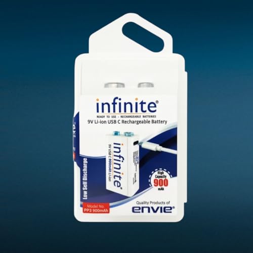 Image of Envie 9V Infinite 900mAh USB Type-C Rechargeable Battery, Fast Charging, Low Self Discharge, Ready to Use, for Smoke Alarm & Detectors, Multimeters, Microphones & Toys