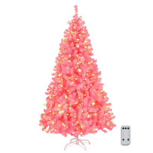 Bonnlo 6ft/1.8m Pre Lit Artificial Christmas Tree with 250 Warm White LED Lights 8 Lighting Modes Sturdy Metal Stand (Pink)