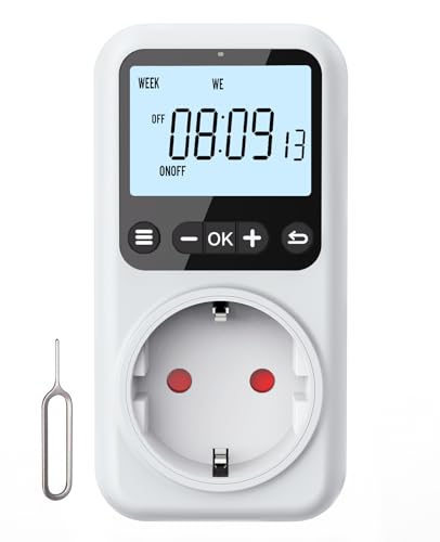 Voniobuy Enchufe Temporizador Programador Digital, 18 programas hasta el Segundo, función de Cuenta atrás, batería Recargable, Enchufe programable para luz y Luces navideñas 16A 3680W (1)