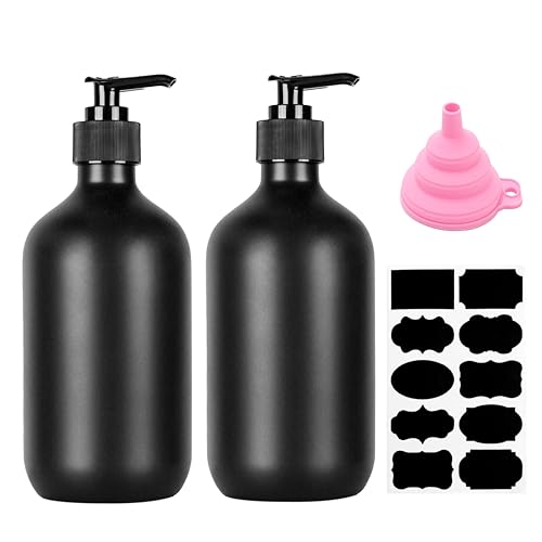 2 Pcs Soap Dispenser, 500ML/17oz Pump Bottle Dispenser, Empty Refillable Shampoo and Conditioner Bottles for Bedroom Kitchen Lotions Washing Up Liquid Dispensers, with Funnel & Stickers (Black)