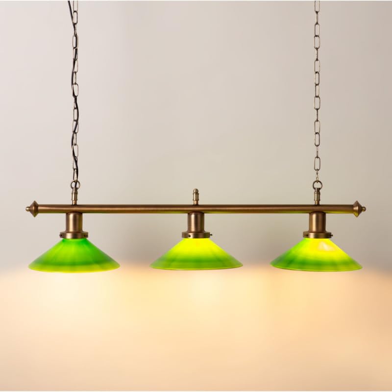 BARCELONA LED - Lampada a sospensione da soffitto vintage BANQUER con 3 attacchi E27, paralumi in vetro verde, struttura in ottone anticato, sala da pranzo o tavolo da biliardo