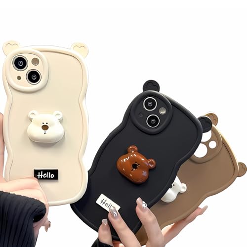 NICEHOLI iPhone 16用 ケース 日韓風 3D 漫画 ハローベア 細穴 保護カバー ケア クマ 耳 ソフトエッジ 人気 TPU フルパッケージ ストラップホール付き 漫画 インス 風 シリコン かわいい キャラクター クマ 3D 効果 耐衝撃 傷つきにくい レンズ保護 ソフトフォンケース スマホケース(iPhone 16 brown)