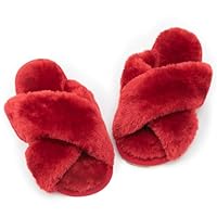 Csfry Girls Fluffy Soft Plush Cross Band Kids Slippers, Red US12-13