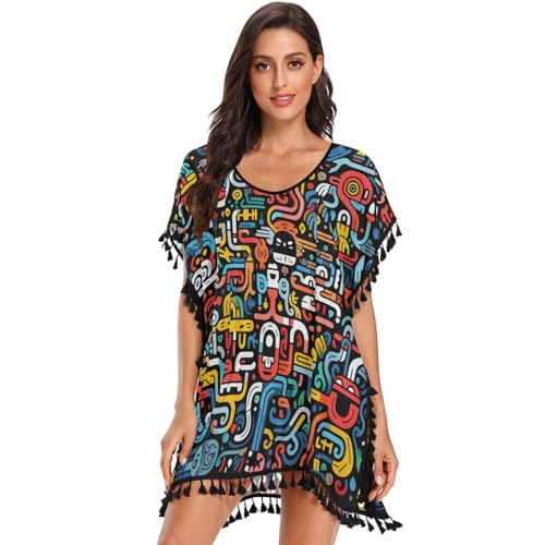Doodle Style Line Art Cartoon Women's Beach Cover Up Chiffon Tassel Swimwear Swimsuit Coverups for Girl