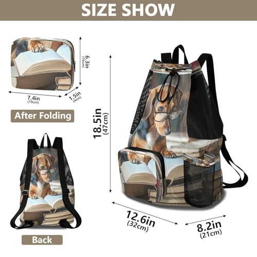 Mesh Gym Swimming Bags for Men & Women, Cute Funny Reading Dog Large Drawstring Backpack with Dry-Wet Pocket, Lightweight Gym Bag for Sports, Travel, Beach, Workout Gear2