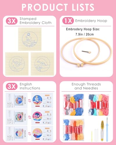 Image of TINDTOP Punch Needle Kits, 3 Pack Punch Needle Embroidery Kits for Adults Beginner, Tool with Punch Needle Fabric, Hoops, Yarns and Sewing Needles (Dolphin) | 3 Pack, Tool with Punch Needle Fabric, Hoops, Yarns and Sewing Needles (Dolphin)