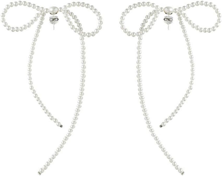 Bow Pearl Stud Earrings for Women,Long Beaded Statement Pearl Drop Earrings Jewelry,925 Silver