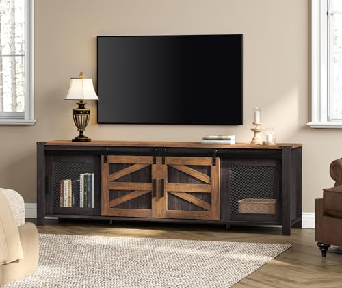 WAMPAT Farmhouse TV Stand for ups to 75 inch TV,Sliding Barn Door Entertainment Center Media TV Console Table with Storage Shelf for Living Room Bedroom,Dark Walnut and Black