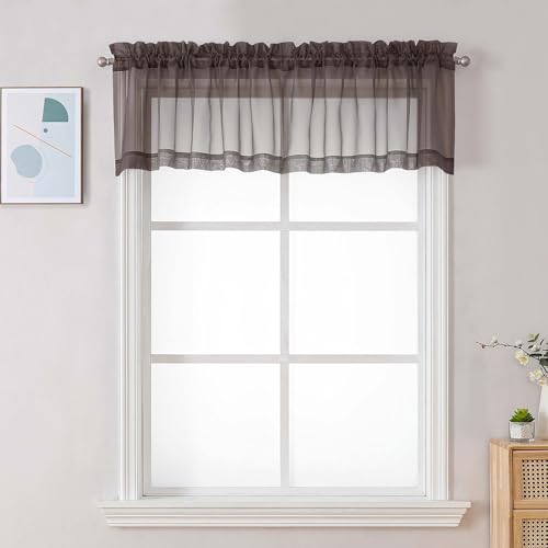 Image of Chyhomenyc Chocolate Brown Sheer Valances for Windows - Light Filtering Small Kitchen Curtains, Rod Pocket Short Top Window Treatment Decor for Living Room Bathroom Basement, 42Wx16L inches, 2 Panels
