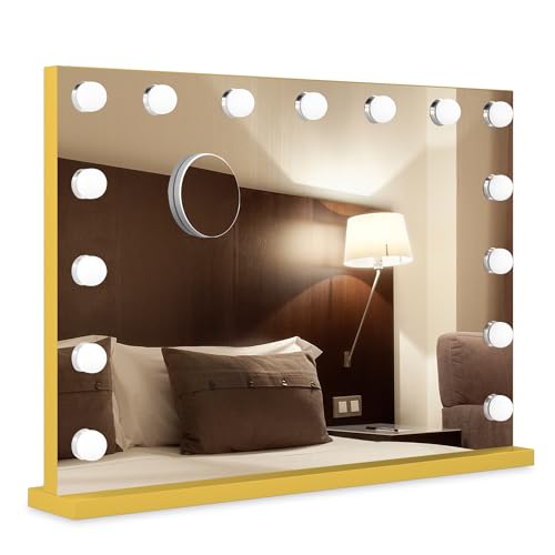 Bayt Hollywood Espejo 80 x 60 cm, Espejo Maquillaje con 18 Luces, Espejo de Aumento 10x, Regulable, Ampliación, Oro