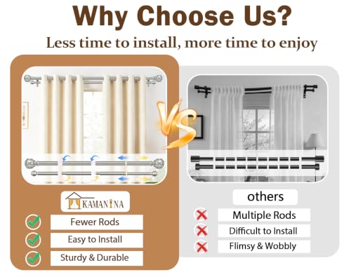 Image of KAMANINA 1 Inch Double Curtain Rods 66 to 120 Inches (5.5-10 Feet) Telescoping Heavy Duty Drapery Rod for Windows 54 to 115, Netted Texture Finials, Antique Silver