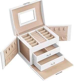 صندوق مجوهرات من 3 طبقات مع قفل، درجين، مرآة، جلد صناعي + حديد + قماش، صندوق عرض ساعات المجوهرات من زيني