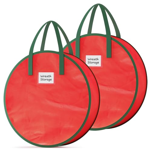 Criusia Wreath Storage Container, 2 Pack Christmas Wreath Storage Bag with Sturdy Handle, Two-way Zipper,Durable Wreath Storage Organizer Box for Holiday Decoration (Red, 24"x8") - image 1