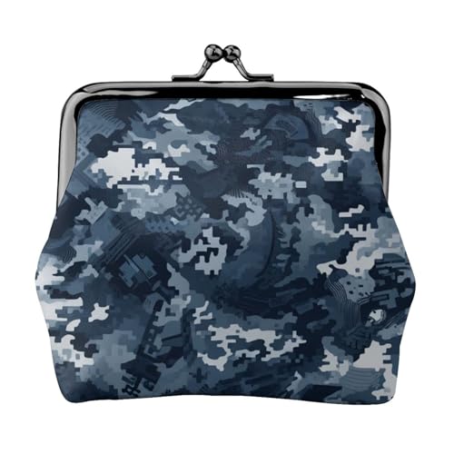 Pu Leather Buckle Coin Purse Camouflage-Print-Navy-Gray Girls Kiss-Lock Change Purse Wallets