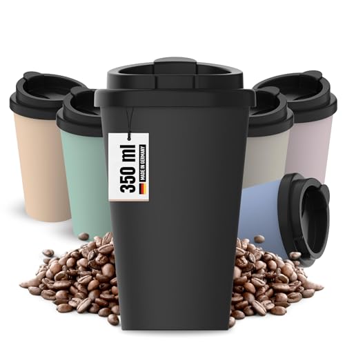 Uakeii Gobelet isotherme pour café à emporter, en plastique biologique, 350 ml, sans BPA et 100 % recyclable, fabriqué en Allemagne, avec couvercle, pour le bureau, la voiture, l'école, etc. (ardoise)
