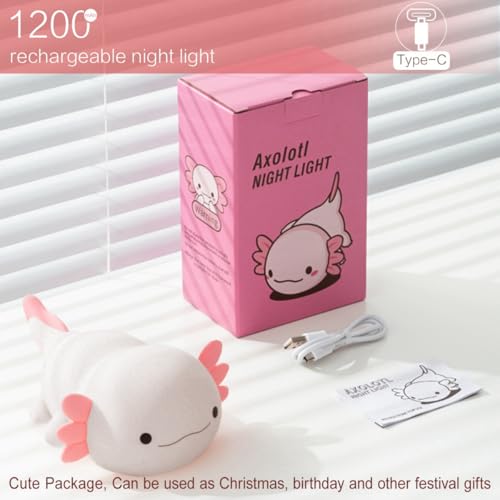 axolotl night light for kids cute squishy rechargeable axolotls lamp unique white pink xmas axolotl gifts dimmable led silicone nightlight baby safe girls room college dorm dcor