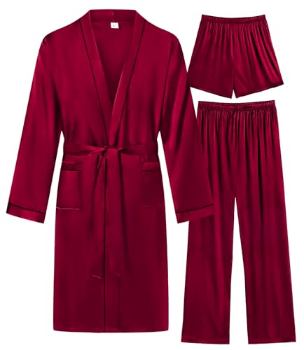 Image of SWOMOG Mens 3 PCS Satin Robe with Pants & Shorts Set Kimono Bathrobe Long Sleeve Sleepwear Pjs Sets with Pockets