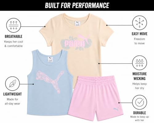 Image of PUMA Girls Active Shorts Set - 3 Piece Performance T-Shirt, Tank Top, Gym Shorts - Summer Athletic Outfit for Girls (7-14)
