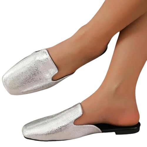 WVFHVISL Backless Loafers Summer Flat Shoes Women'S Closed Toe Slippers New Square Toe Light Slip On Mules For Women Outdoor Ladies Causal Slides Shoes-Silver-38 WVFHVISL Backless Loafers Summer Flat Shoes Women'S Closed Toe Slippers New Square Toe Light Slip On Mules For Women Outdoor Ladies Causal Slides Shoes-Silver-38