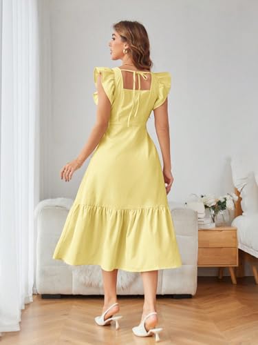 Image of Shasmi Girl's & Women's Solid Color Square Neck, Ruffle-Trimmed Hem Sleeveless, Ruffle Armhole and Casual Dress with Cinched Waist Vacation Outfits Woman (Dress 162)