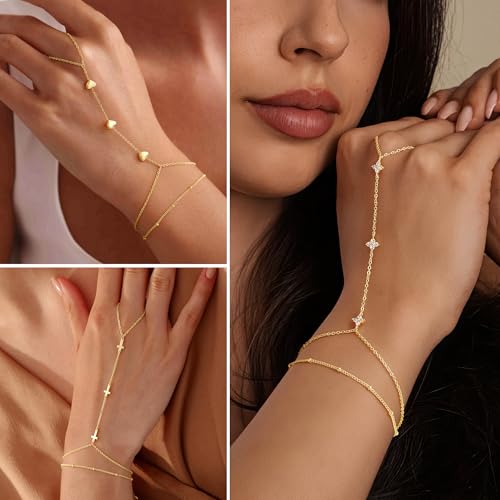 M MOOHAM Gold Hand Chain Bracelet for Women - Dainty 14K Gold Plated Ring Bracelet Hands Chain Cubic Zirconia Clover Butterfly Cross Heart Finger Rings Bracelets for Women Teen Girl Gifts4