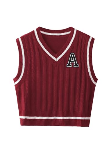 Image of Floerns Women's V Neck Letter Striped Trim Sleeveless Sweater Vest Knit Top