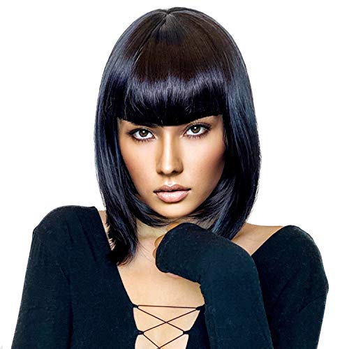 Soft Black Bob Wig and Women's Natural Short Bob Bangs Synthetic Wig and Colorful Cosplay Wig for Girls + Free Comb Wig Cap Earrings