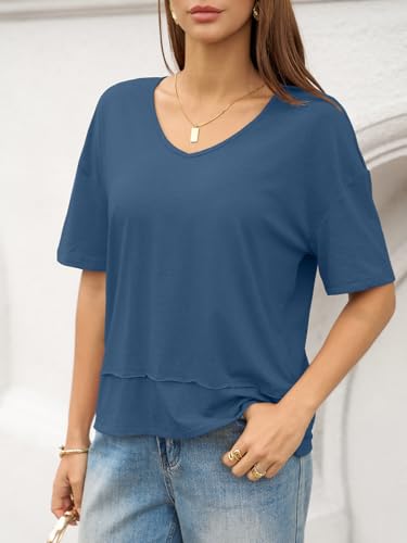 Image of UNCLECAT Womens V Neck T Shirts Summer Trendy Loose Fit Casual Tops Tees | Short sleeve, Spliced hem, Flowy graphic tees,Solid color cute basic t-shirts
