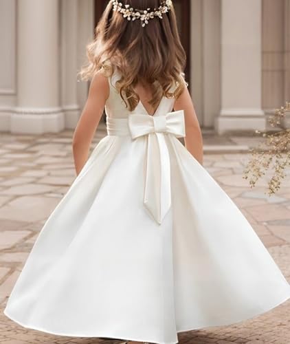 Bow-Knot Flower Girl Dress for Wedding Satin Sleeveless Dresses Crew Neck Princess Evening Party Long Ball Gowns2