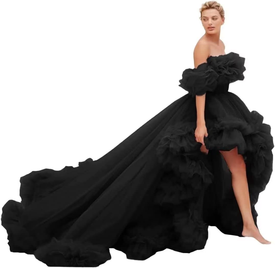 VINCENTYUQHigh Low Prom Dress Long Poofy Tulle Ball Gown with Train Off Shoulder Ruffles Puffy Red Carpet Dress HD031