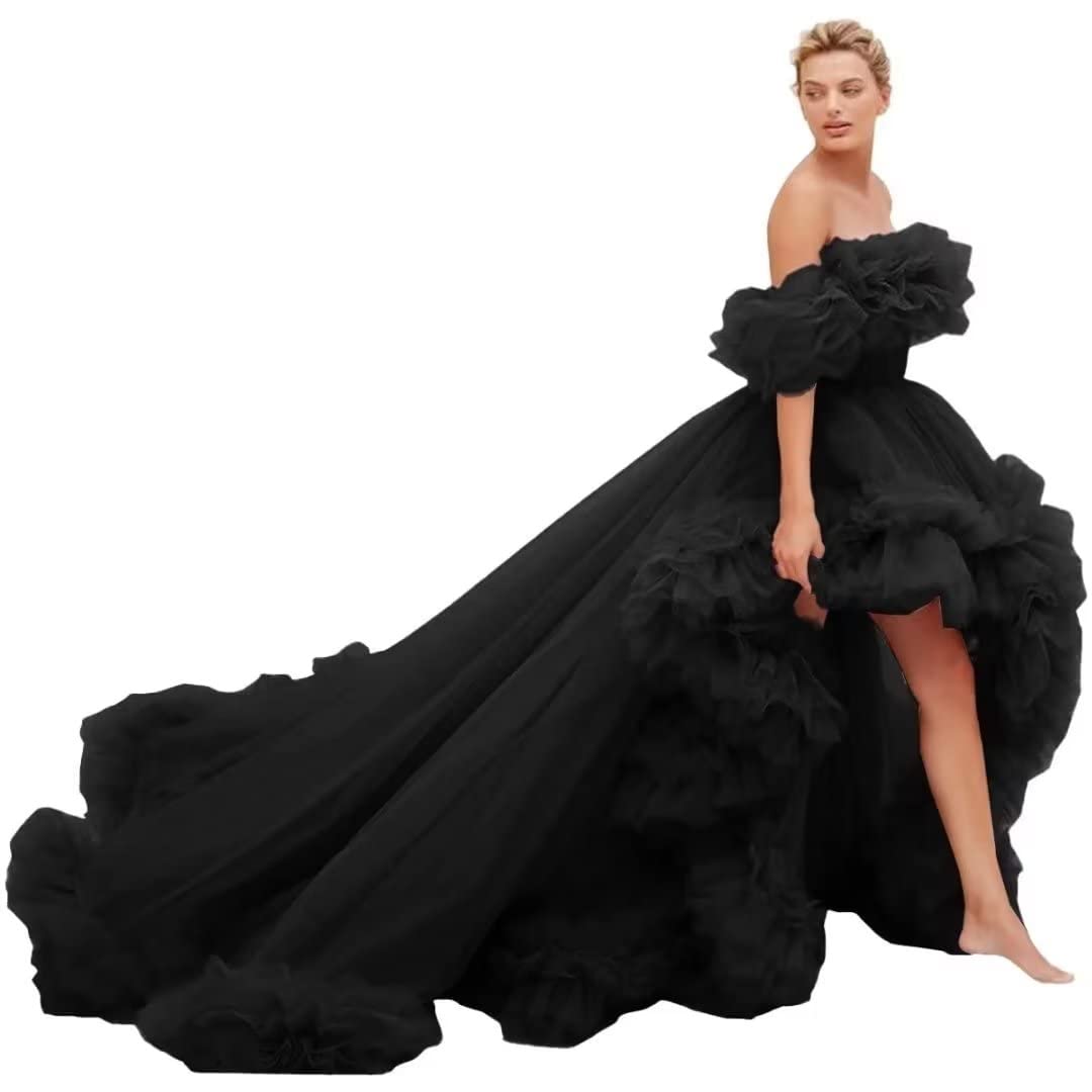 VINCENTYUQHigh Low Prom Dress Long Poofy Tulle Ball Gown with Train Off Shoulder Ruffles Puffy Red Carpet Dress HD031