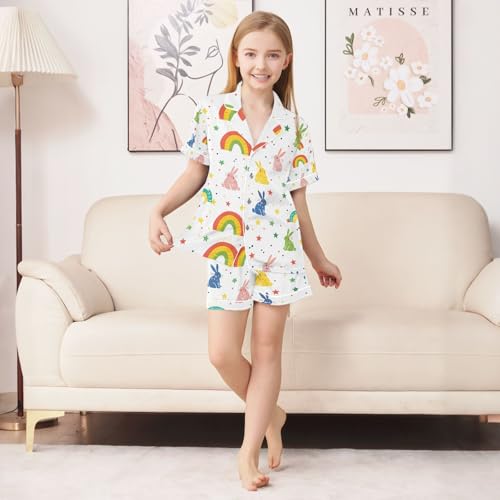senya Cloorful Rabbit with Rainbow Satin Summer Pajama Sets Silk Short Sleeve Button Down Sleepwear4
