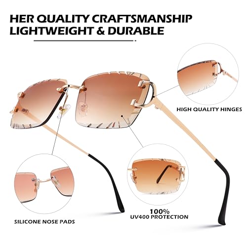 Image of Hycredi Rimless Rectangle Sunglasses for Men /Women- Frameless Square Trendy Shade - Diamond Cutting Eyewear