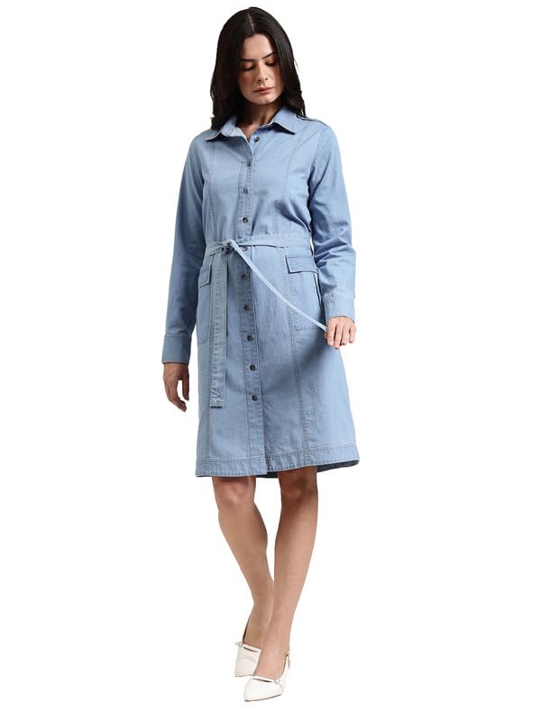 Cotton Knee Length Denim Shirt Dress - Light Blue-image-48