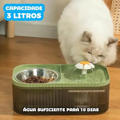 Comedouro Bebedouro Automático Pet 2 em 1 com Fonte de Água USB, 3L, Inox, Silencioso, com Filtro, P